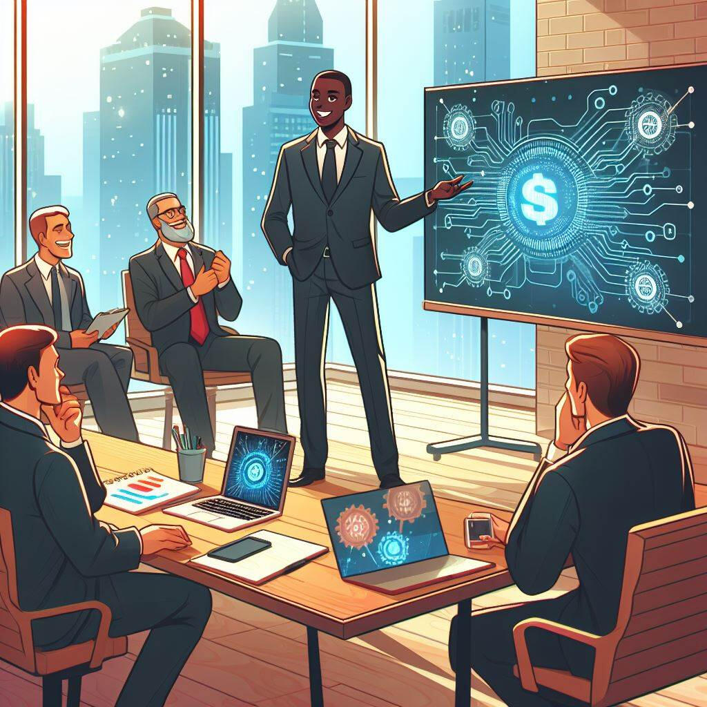 Sales pitch by a black CEO illustrated by Designer (Powered by DALL. E 3)